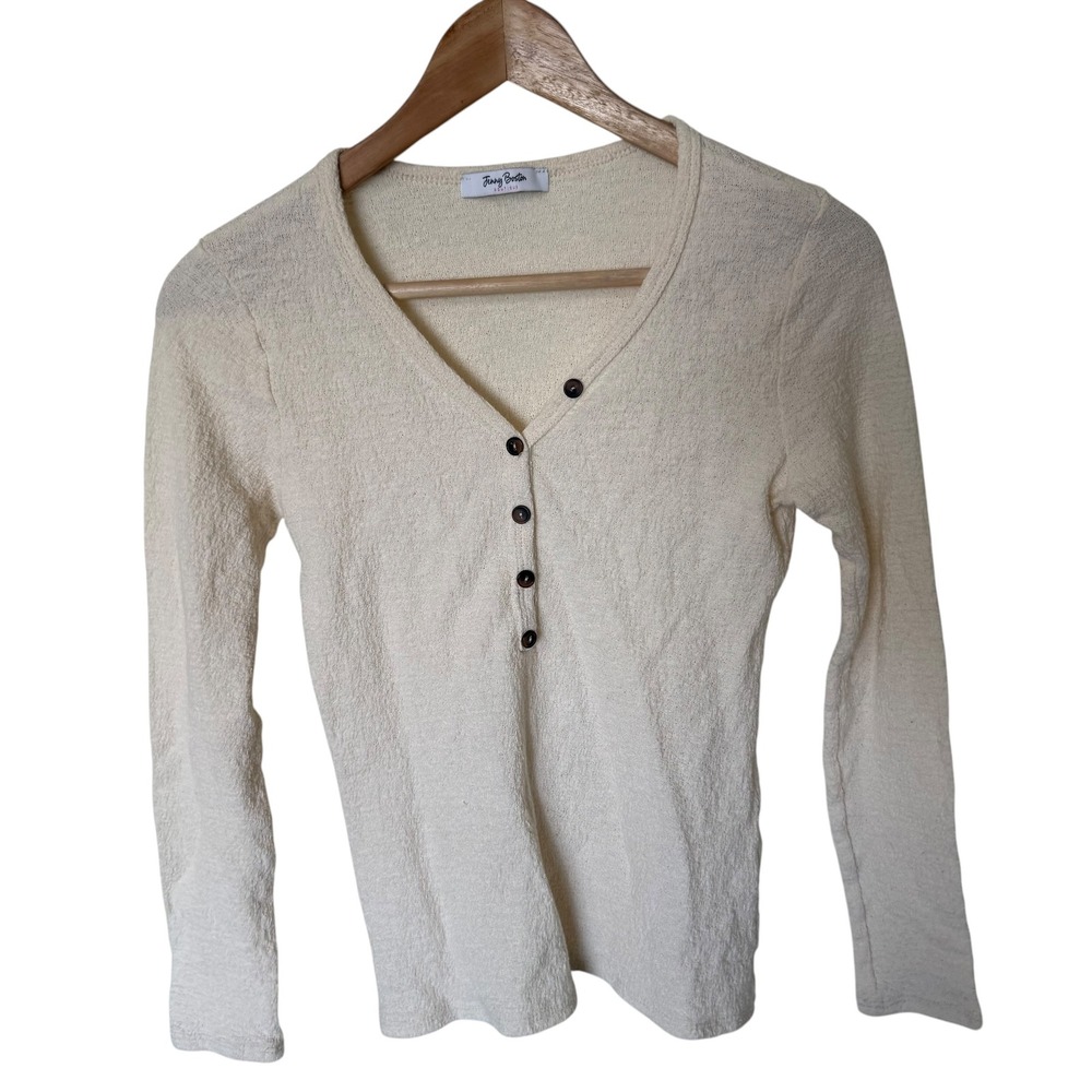 Jenny Boston Henley Top Womens Small Cream Excellent Cotton Long Sleeve USA